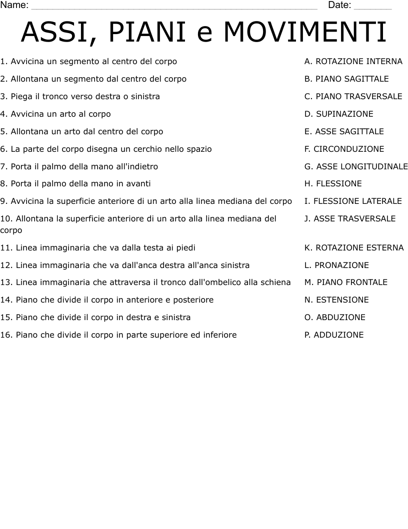 ASSI, PIANI e MOVIMENTI Worksheet