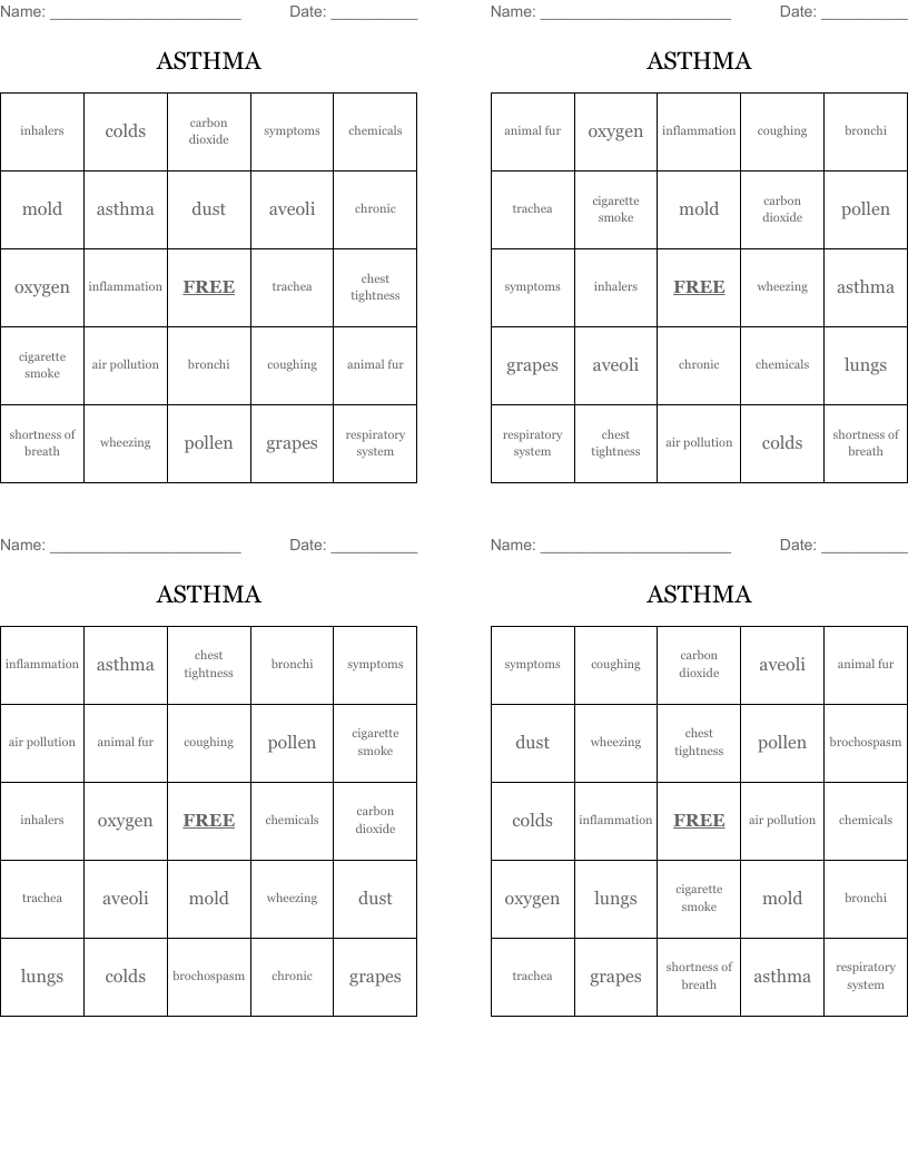 ASTHMA Bingo Cards