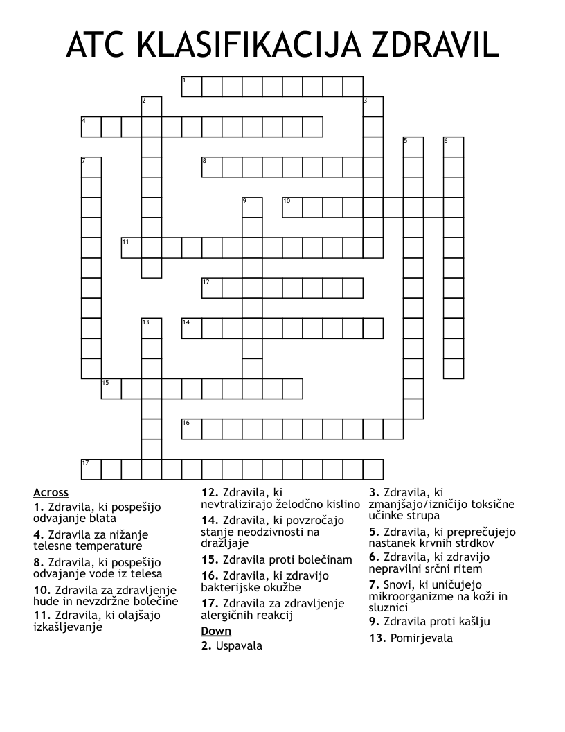 ATC KLASIFIKACIJA ZDRAVIL Crossword