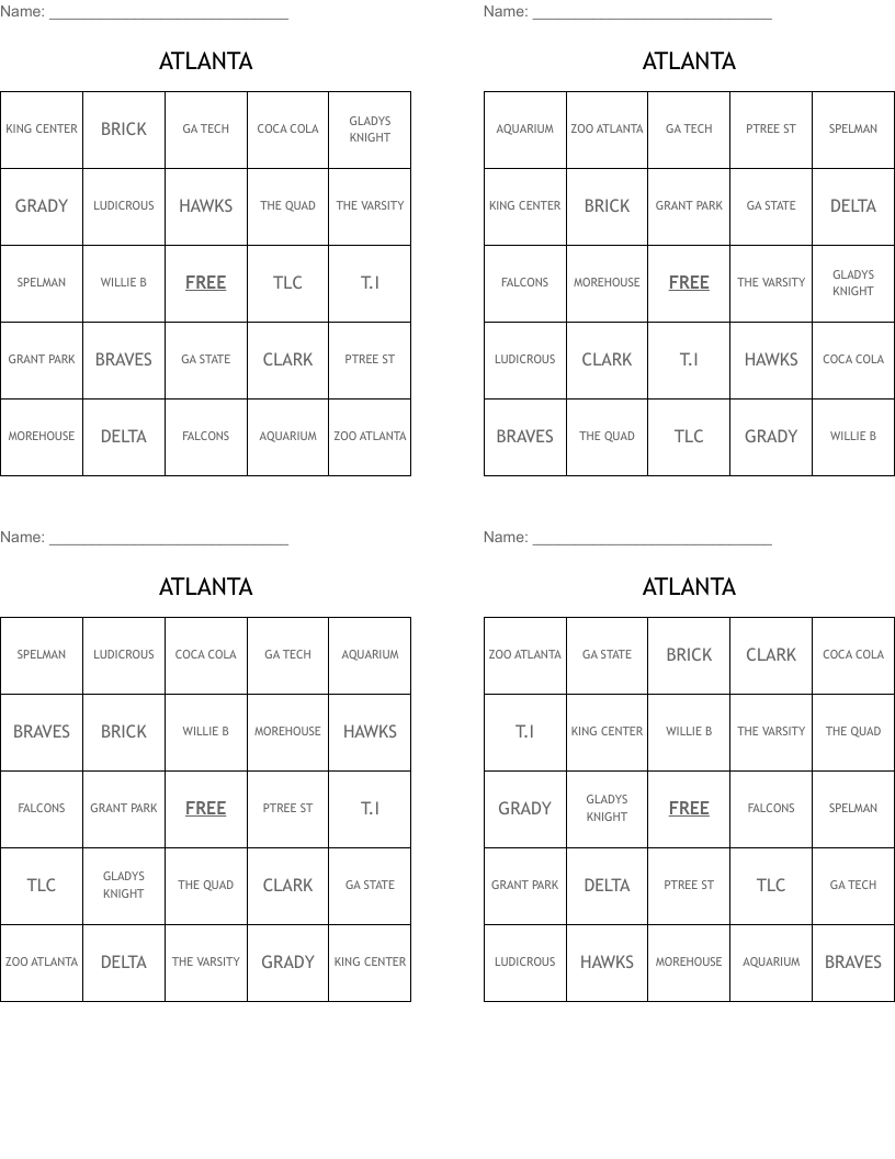 ATLANTA Bingo Cards