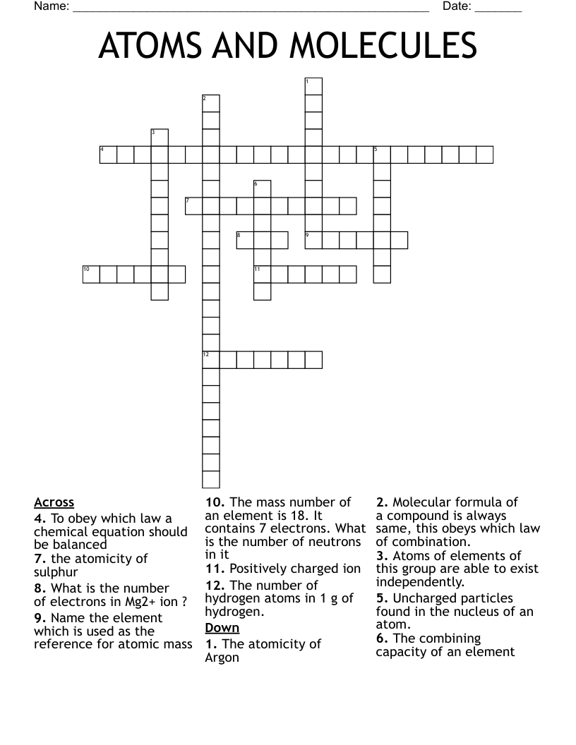 ATOMS AND MOLECULES Crossword