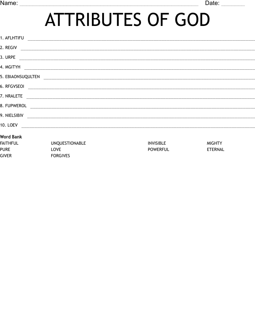 ATTRIBUTES OF GOD Word Scramble