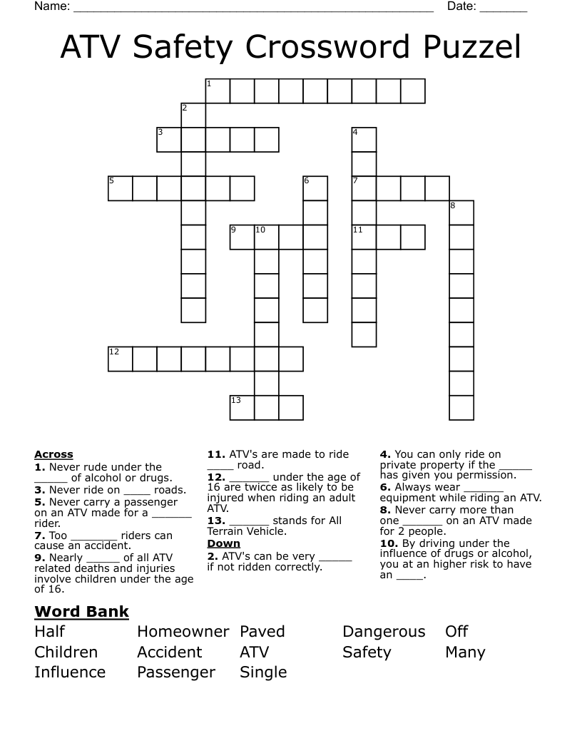 ATV Safety Crossword Puzzel