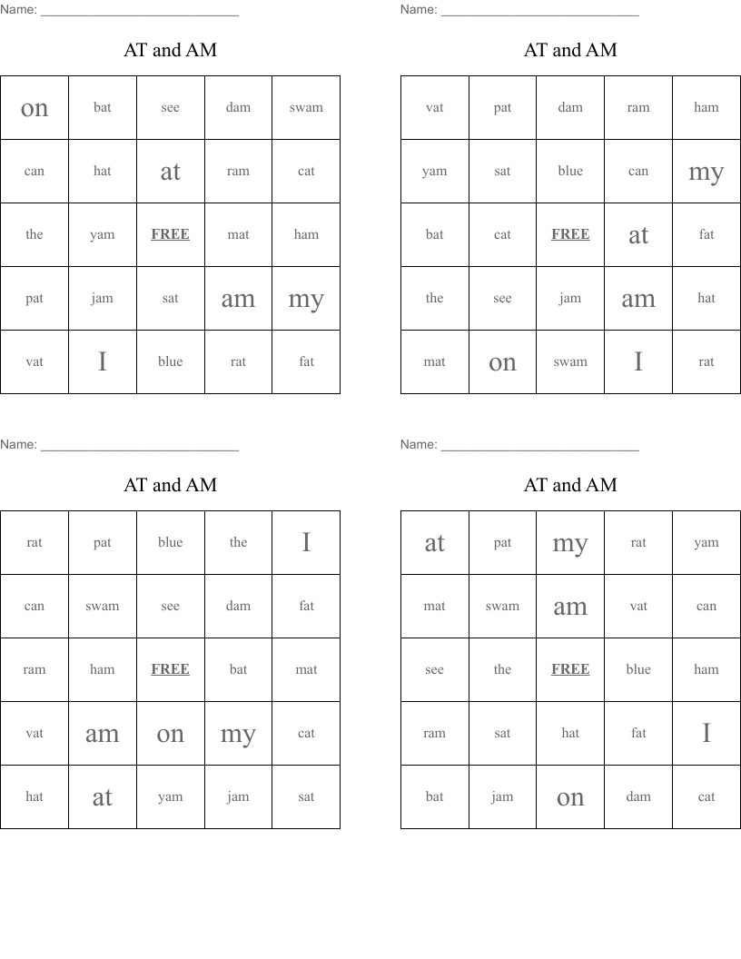 AT and AM Bingo Cards