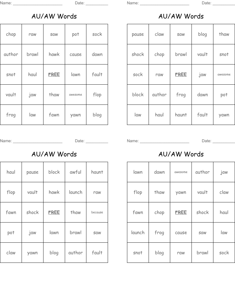 AU/AW Words Bingo Cards