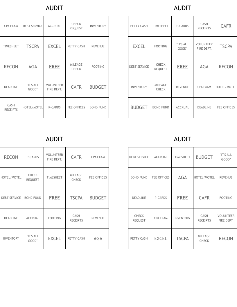 AUDIT Bingo Cards