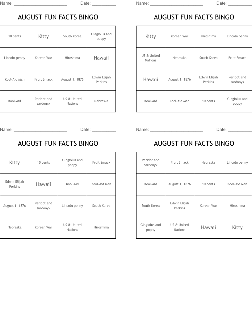 AUGUST FUN FACTS BINGO