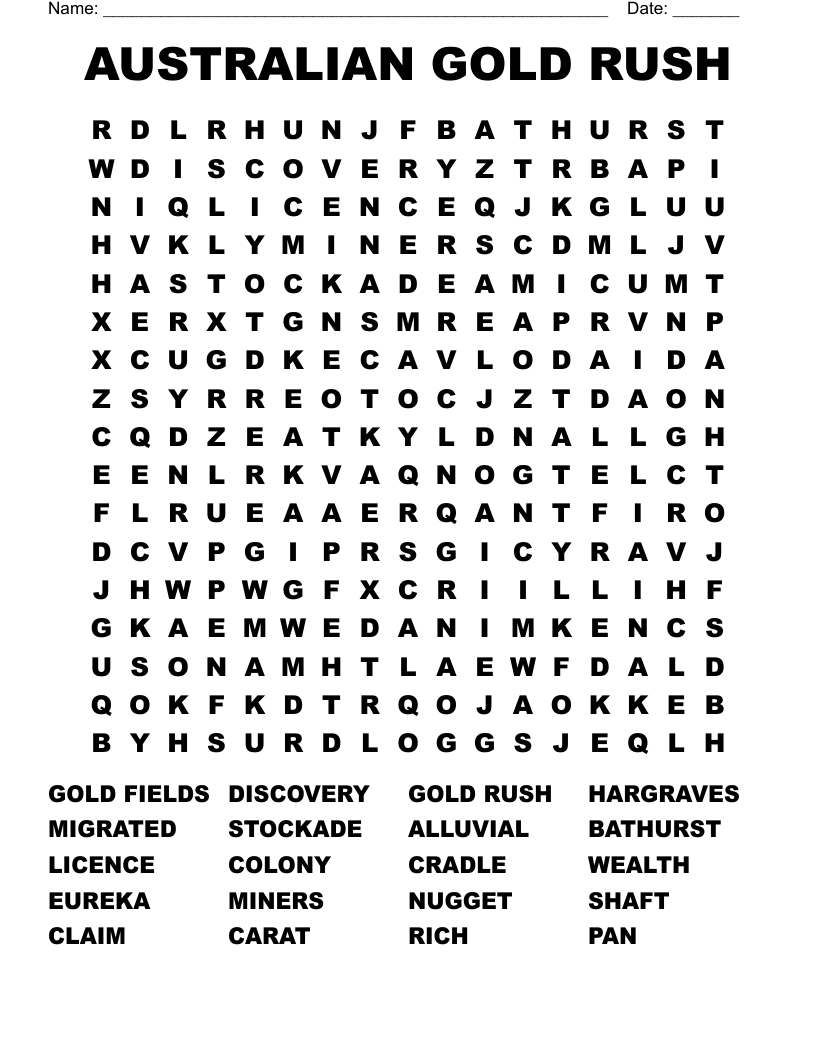 AUSTRALIAN GOLD RUSH Word Search