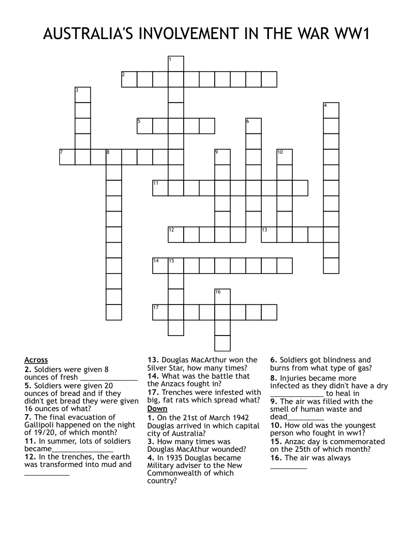 AUSTRALIA'S INVOLVEMENT IN THE WAR WW1 Crossword