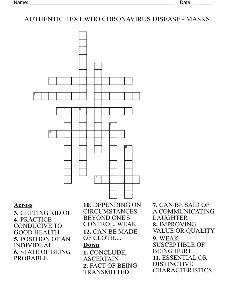 AUTHENTIC TEXT WHO CORONAVIRUS DISEASE - MASKS Crossword
