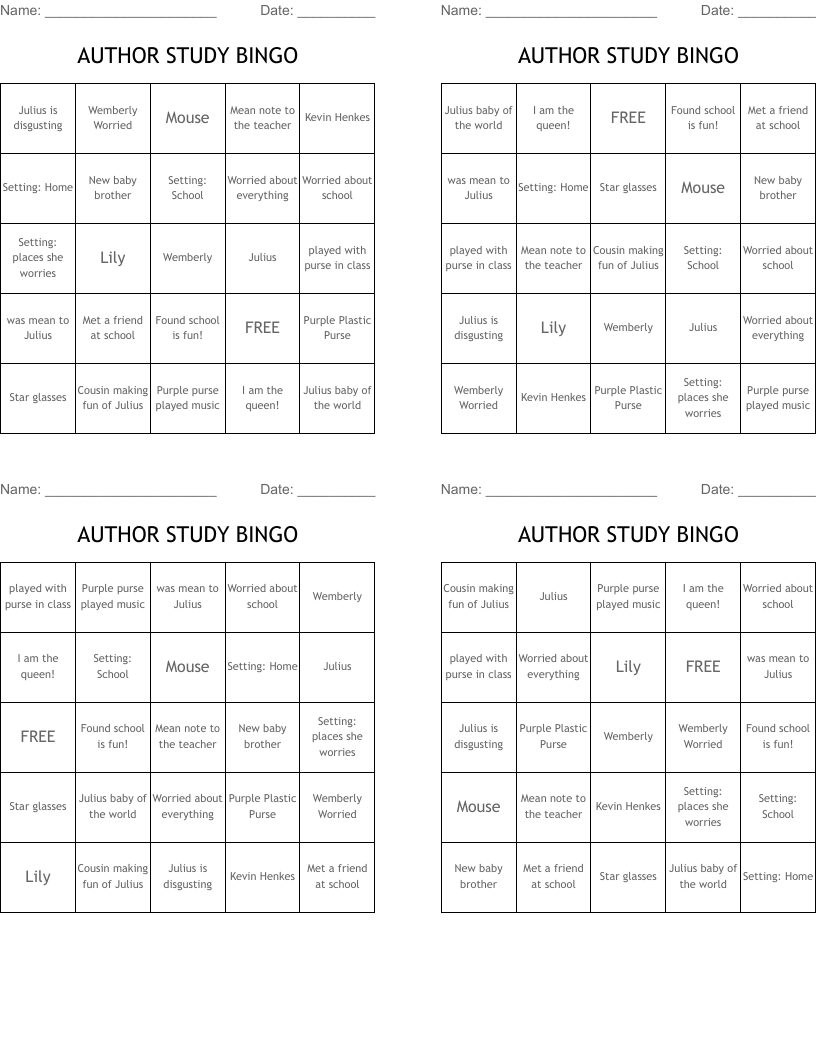 AUTHOR STUDY BINGO