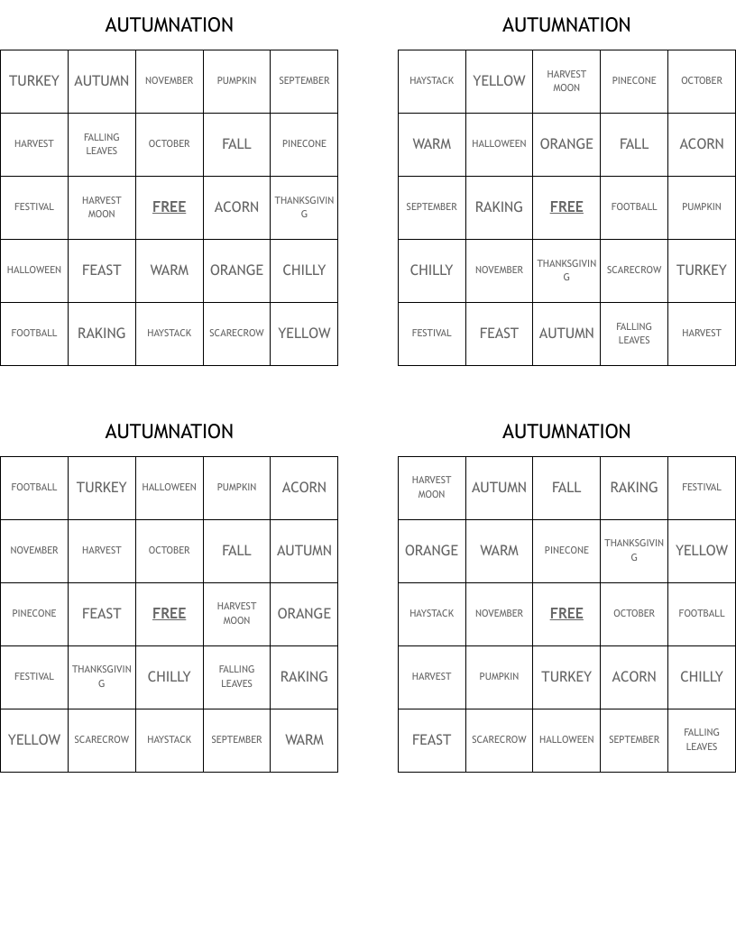 AUTUMNATION Bingo Cards