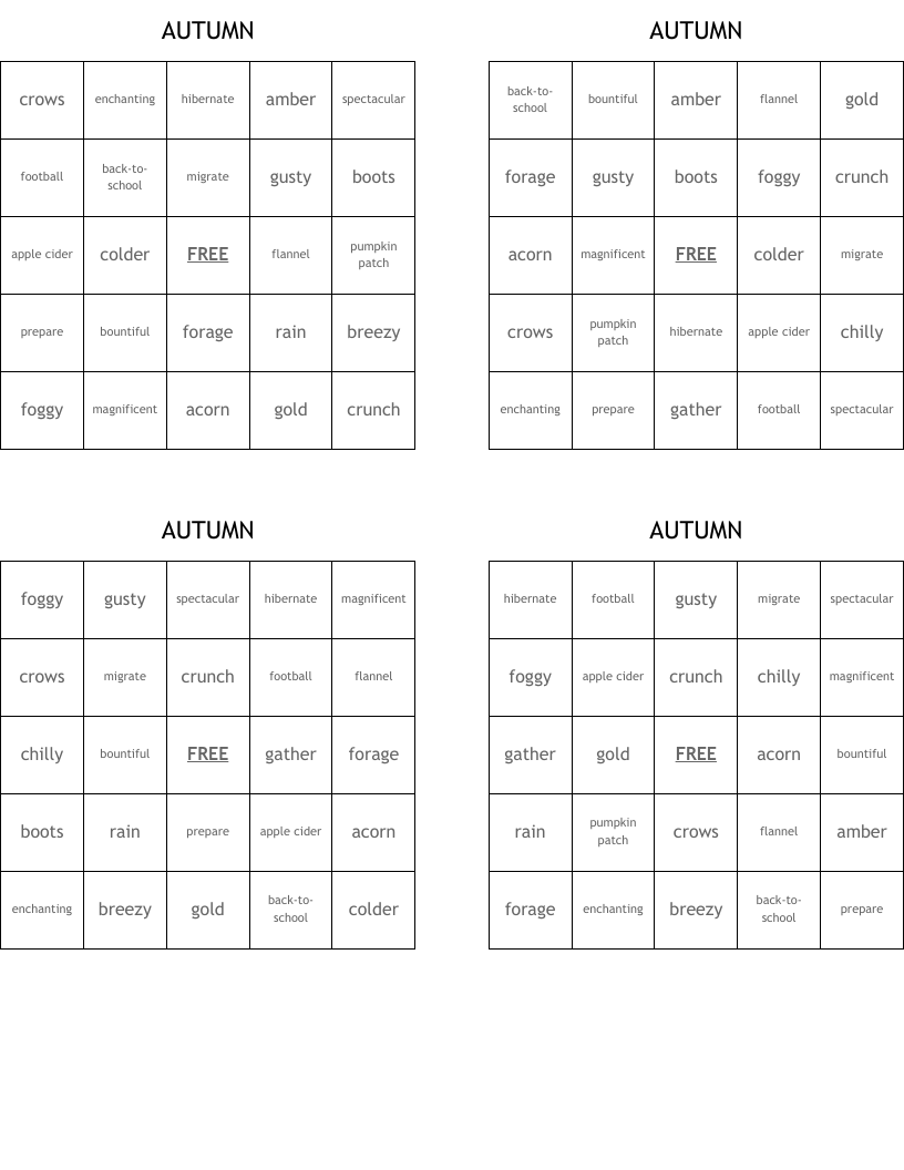AUTUMN Bingo Cards