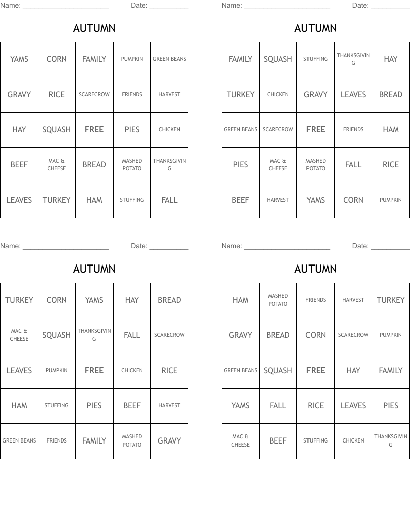 AUTUMN Bingo Cards