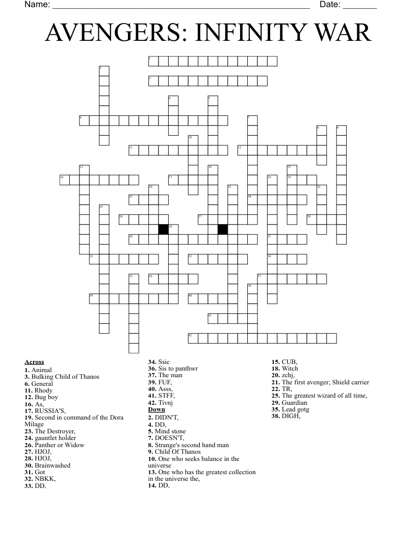 AVENGERS: INFINITY WAR Crossword