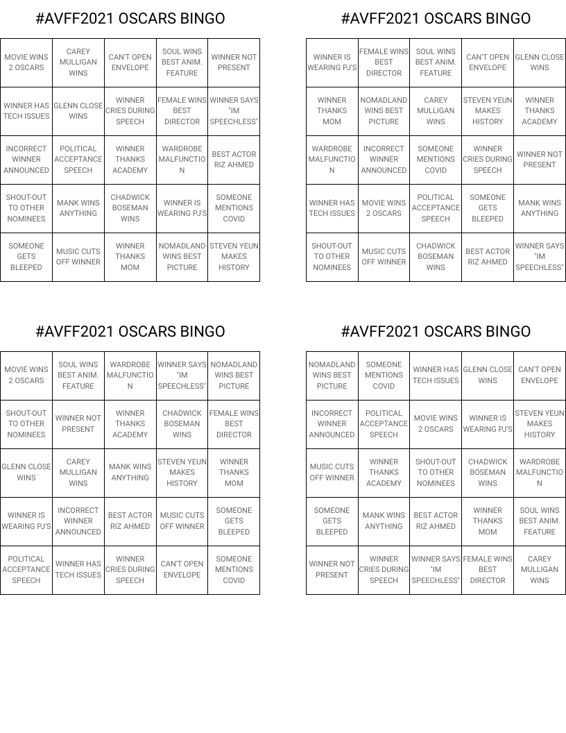 #AVFF2021 OSCARS BINGO