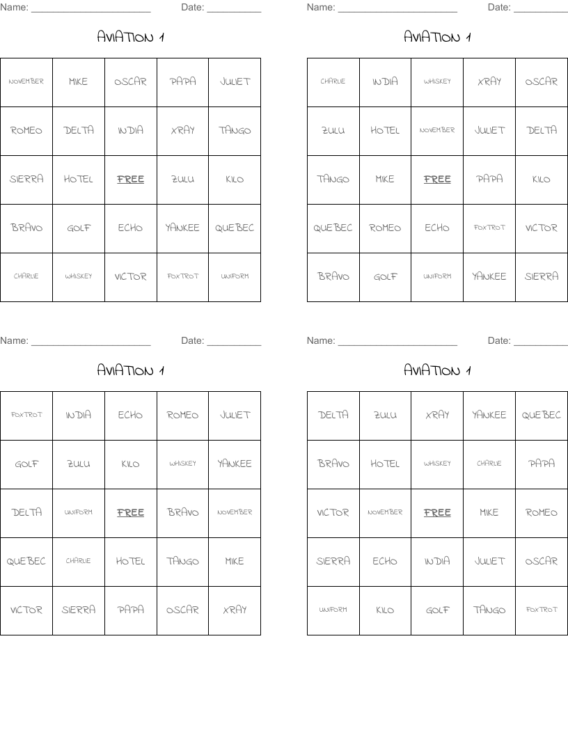 AVIATION 1 Bingo Cards