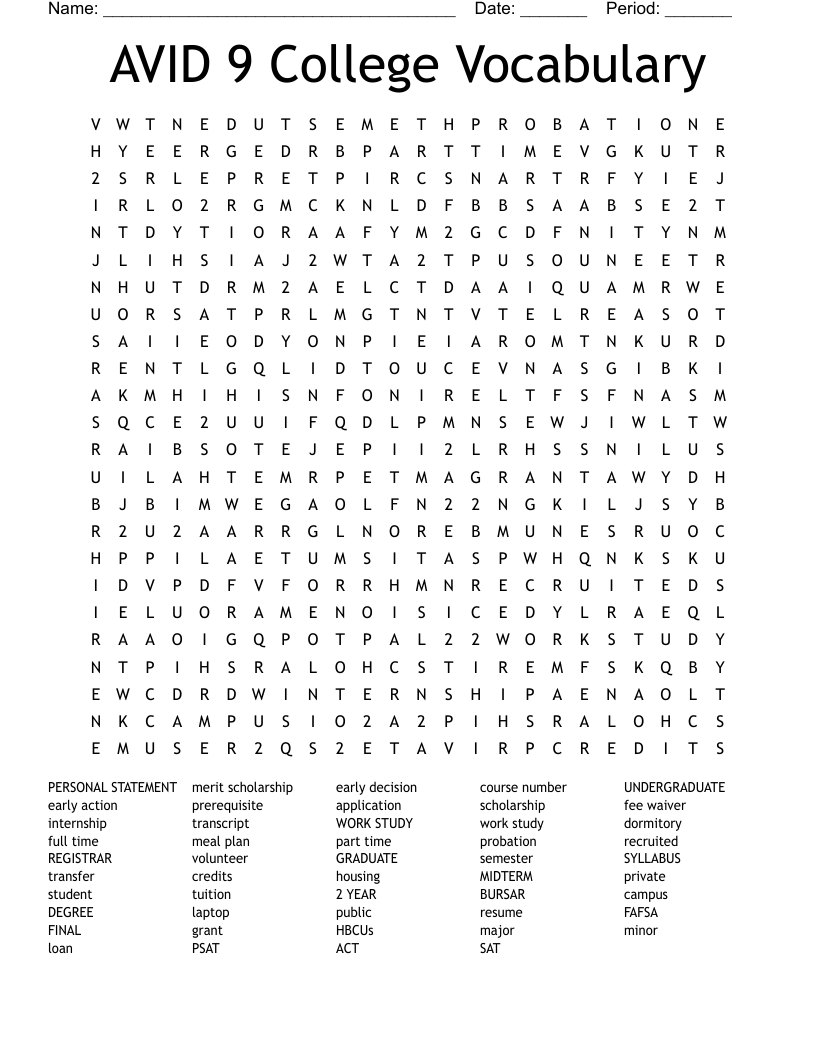 AVID 9 College Vocabulary Word Search