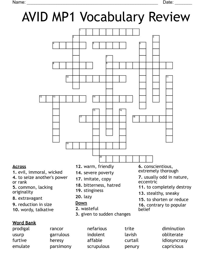 AVID MP1 Vocabulary Review Crossword