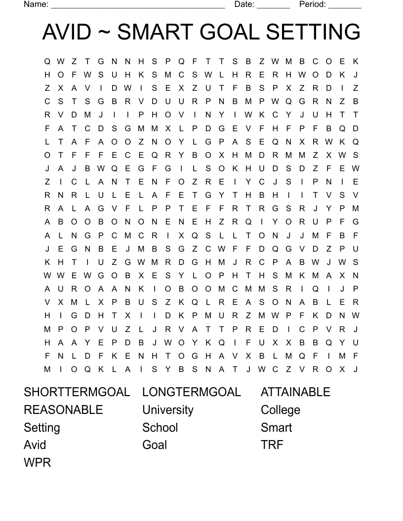 AVID ~ SMART GOAL SETTING Word Search
