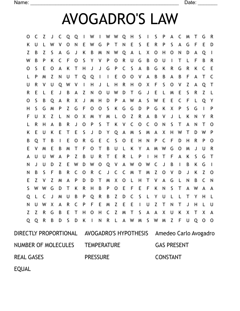 AVOGADRO'S LAW Word Search