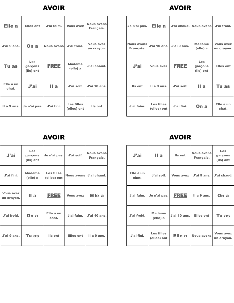 AVOIR Bingo Cards