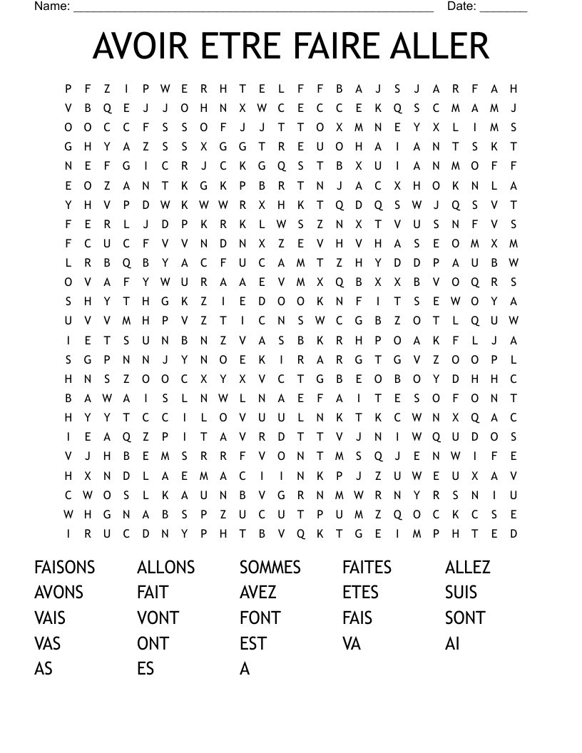 AVOIR ETRE FAIRE ALLER Word Search