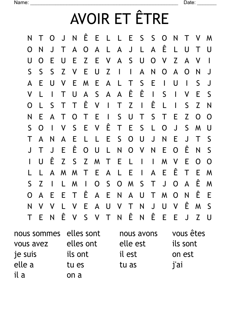 AVOIR ET ÊTRE Word Search