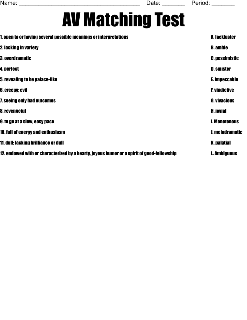AV Matching Test Worksheet