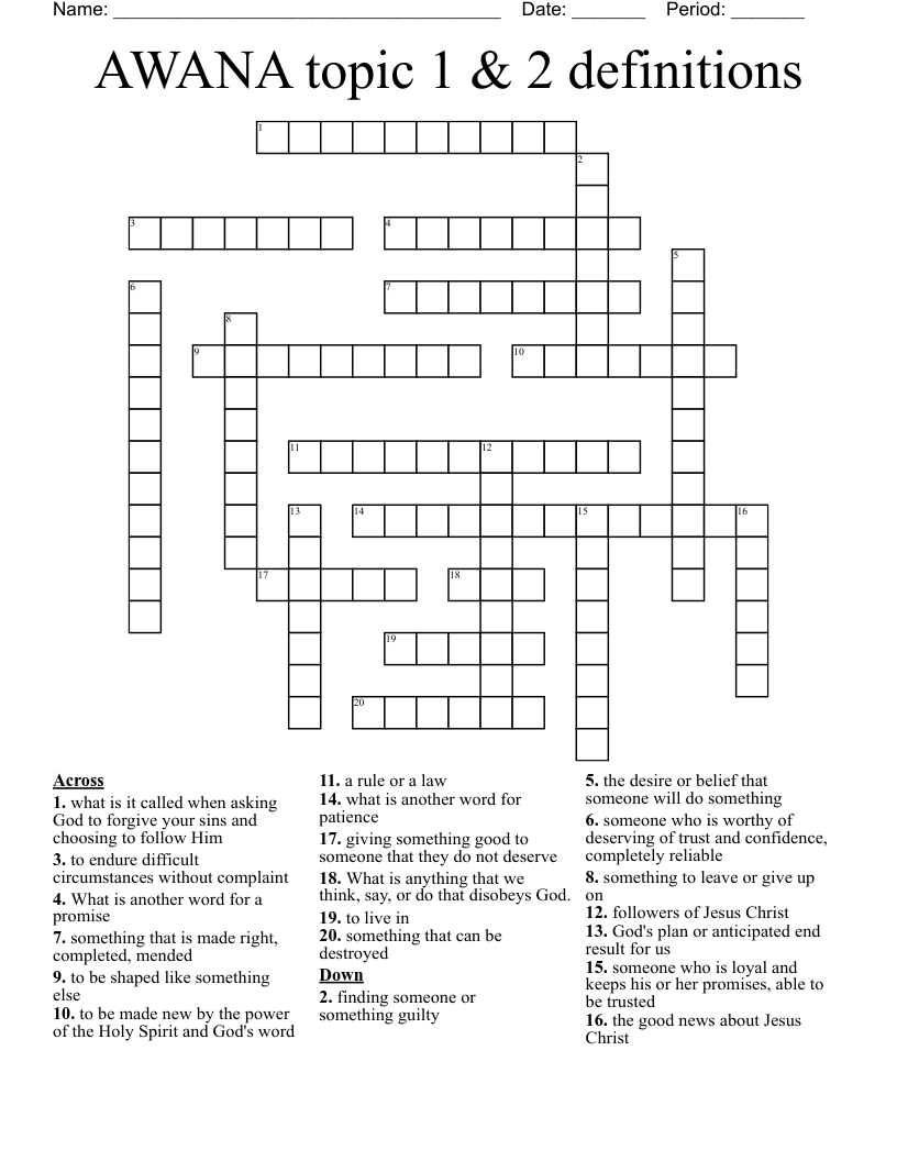 AWANA topic 1 & 2 definitions Crossword