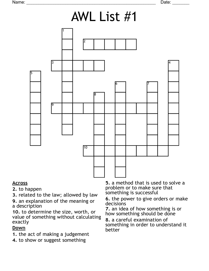 AWL List #1 Crossword