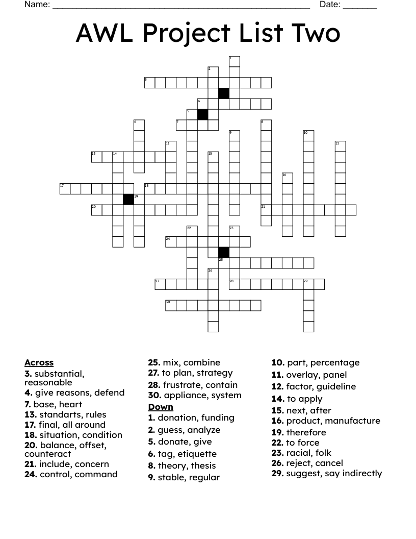 AWL Project List Two Crossword