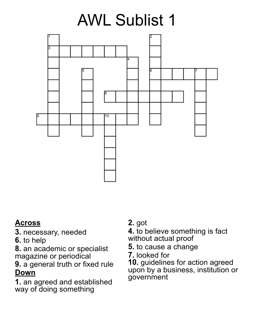 AWL Sublist 1 Crossword