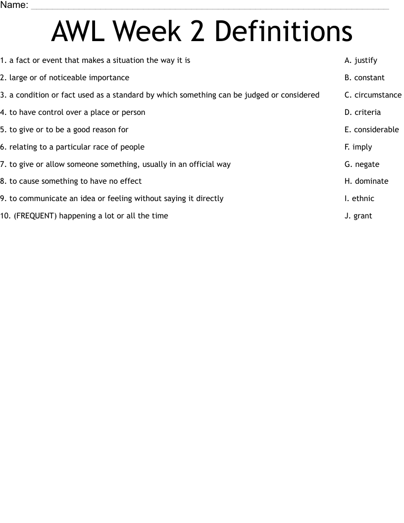 AWL Week 2  Definitions Worksheet
