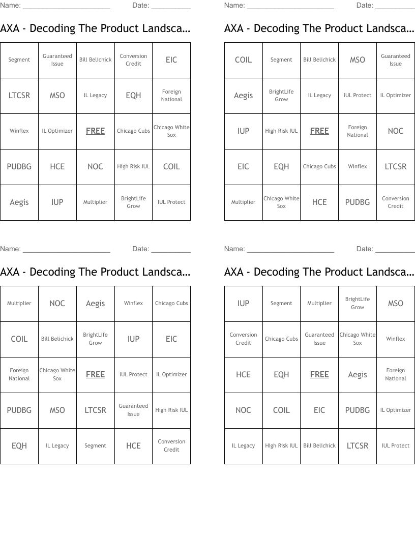AXA - Decoding The Product Landscape Bingo Cards
