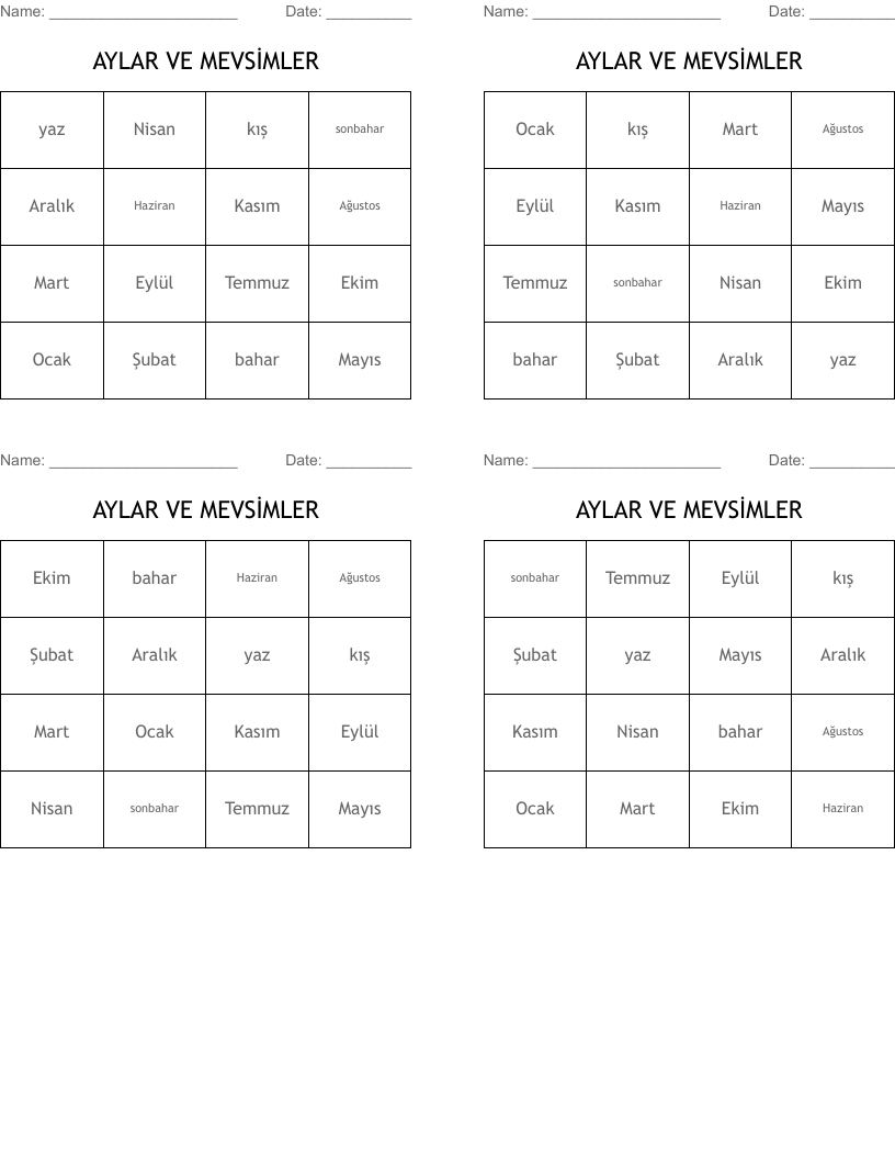 AYLAR VE MEVSİMLER Bingo Cards