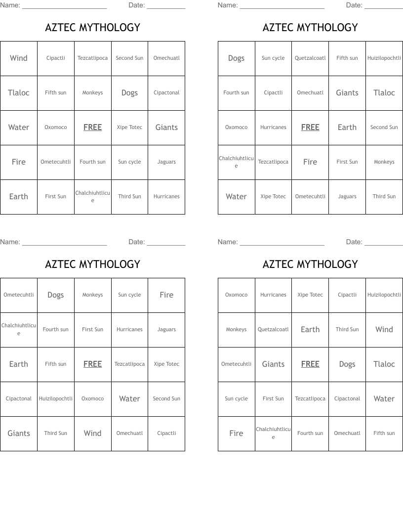 AZTEC MYTHOLOGY Bingo Cards