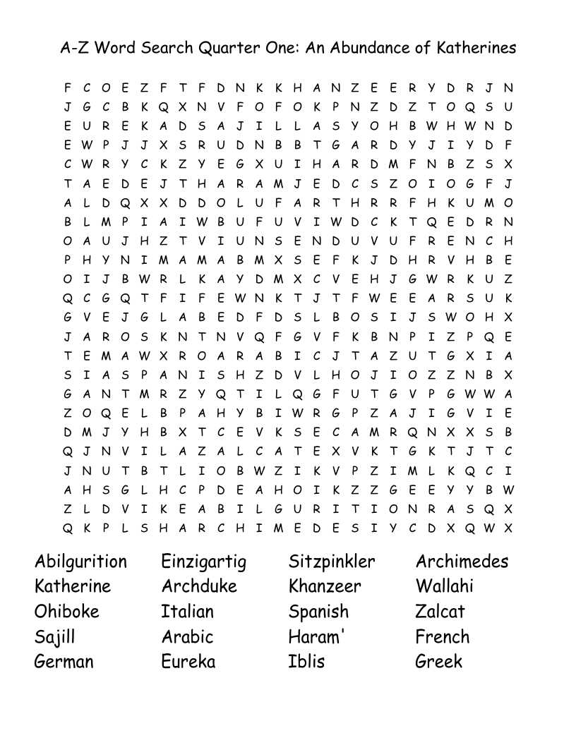 A-Z Word Search Quarter One: An Abundance of Katherines