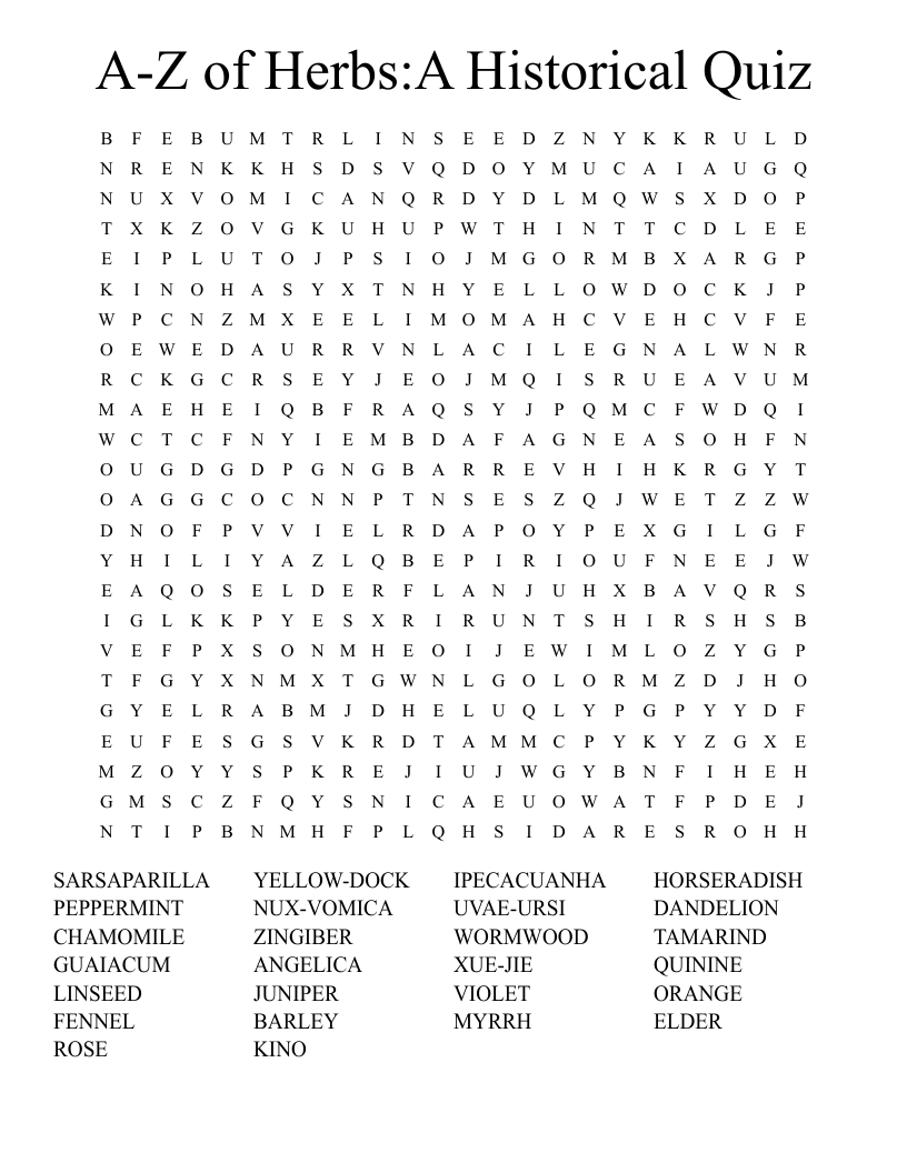 A-Z of Herbs:A Historical Quiz Word Search