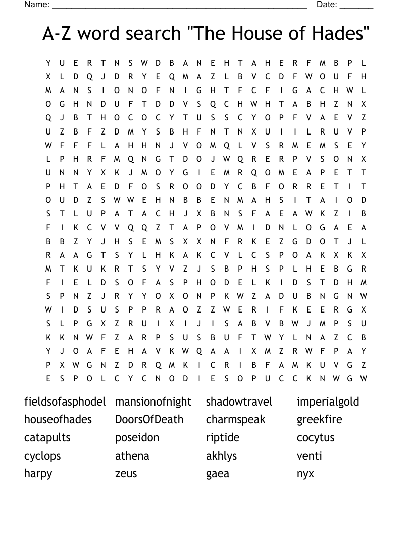 A-Z word search "The House of Hades"
