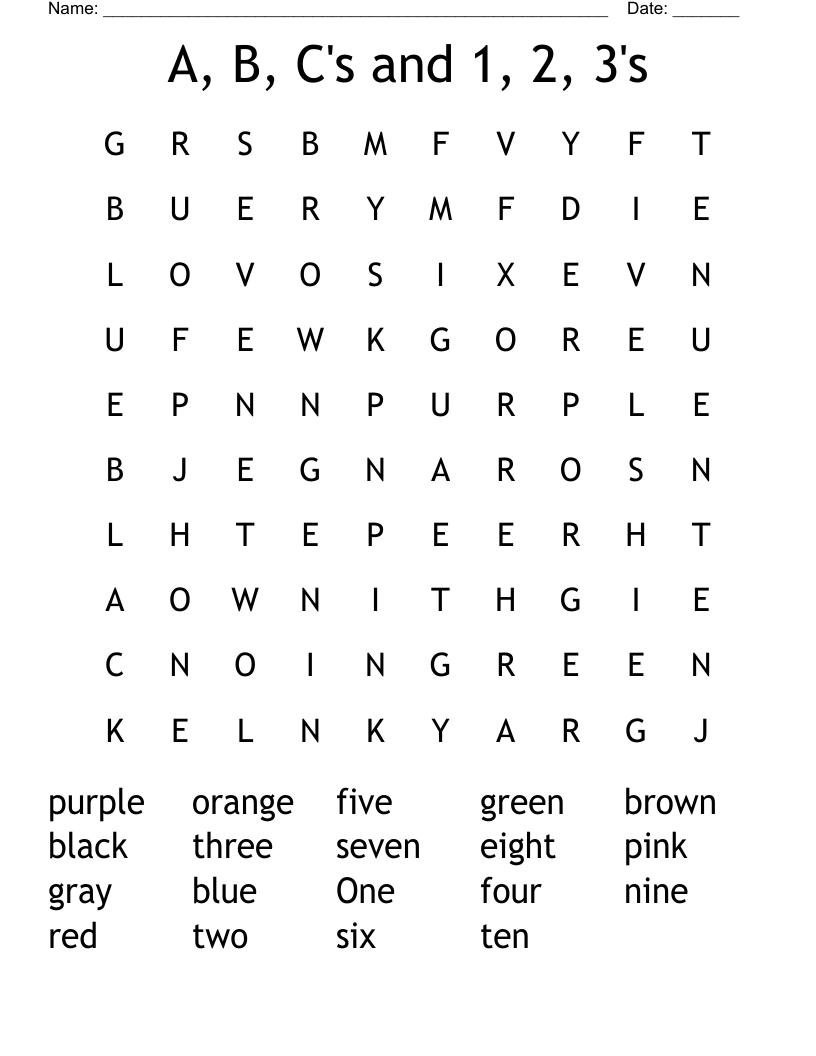 A, B, C's and 1, 2, 3's Word Search