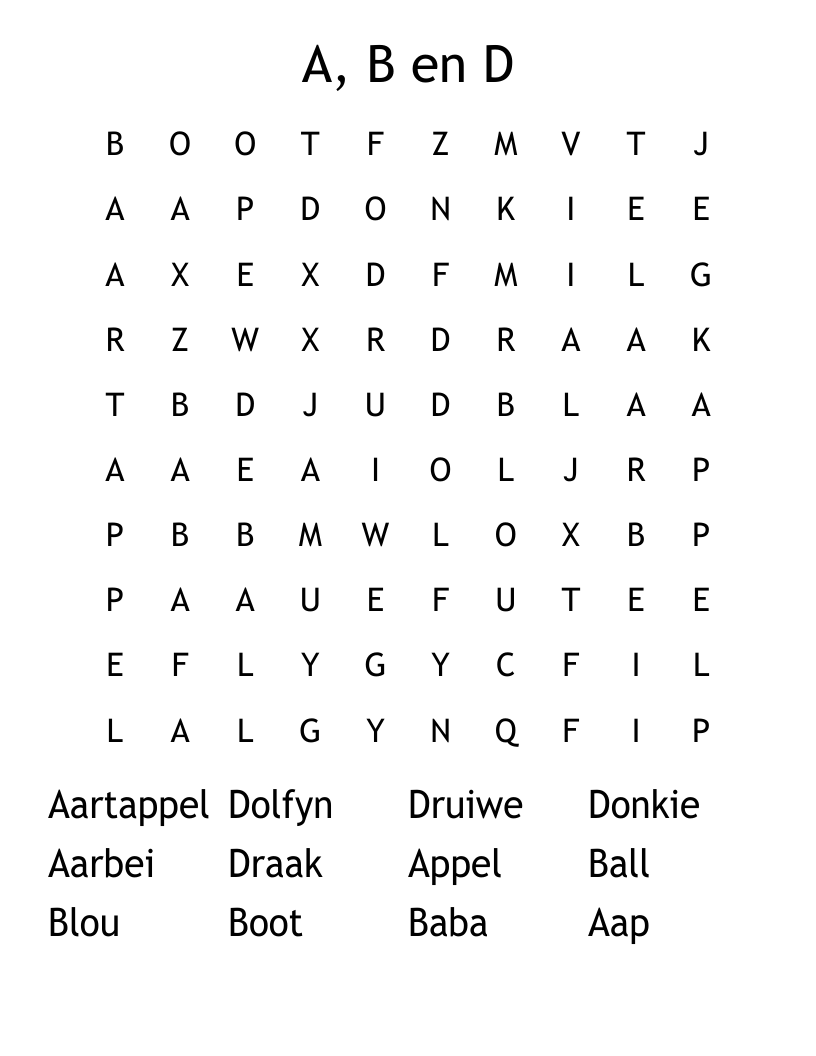 A, B en D  Word Search