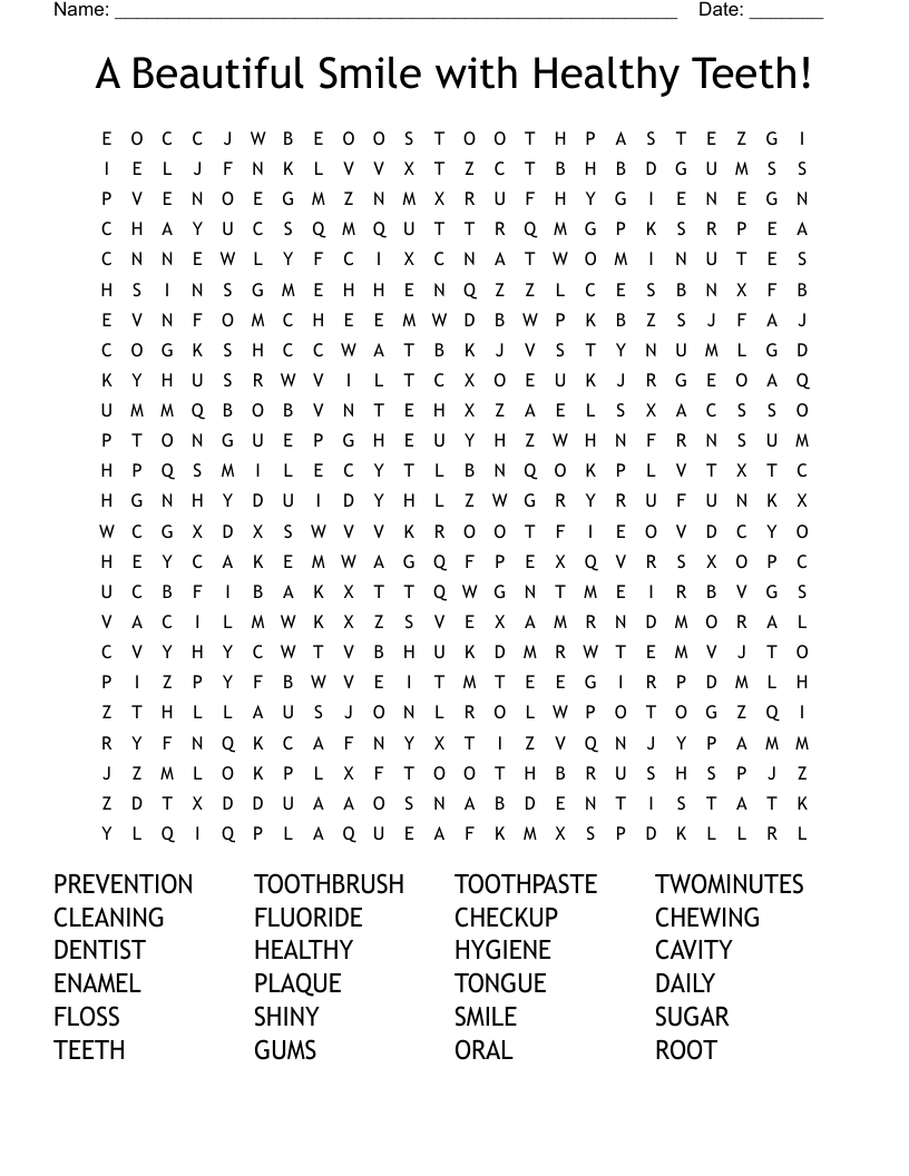 A Beautiful Smile with Healthy Teeth! Word Search