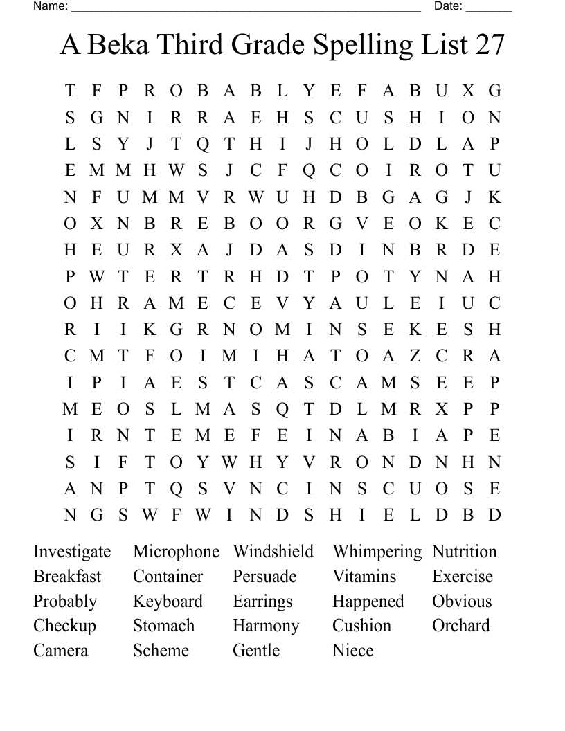 A Beka Third Grade Spelling List 27 Word Search