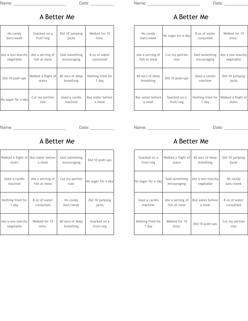 A Better Me Bingo Cards