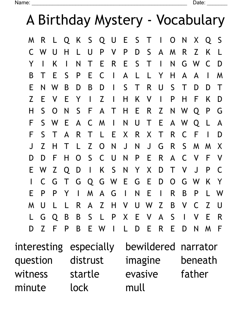 A Birthday Mystery - Vocabulary Word Search