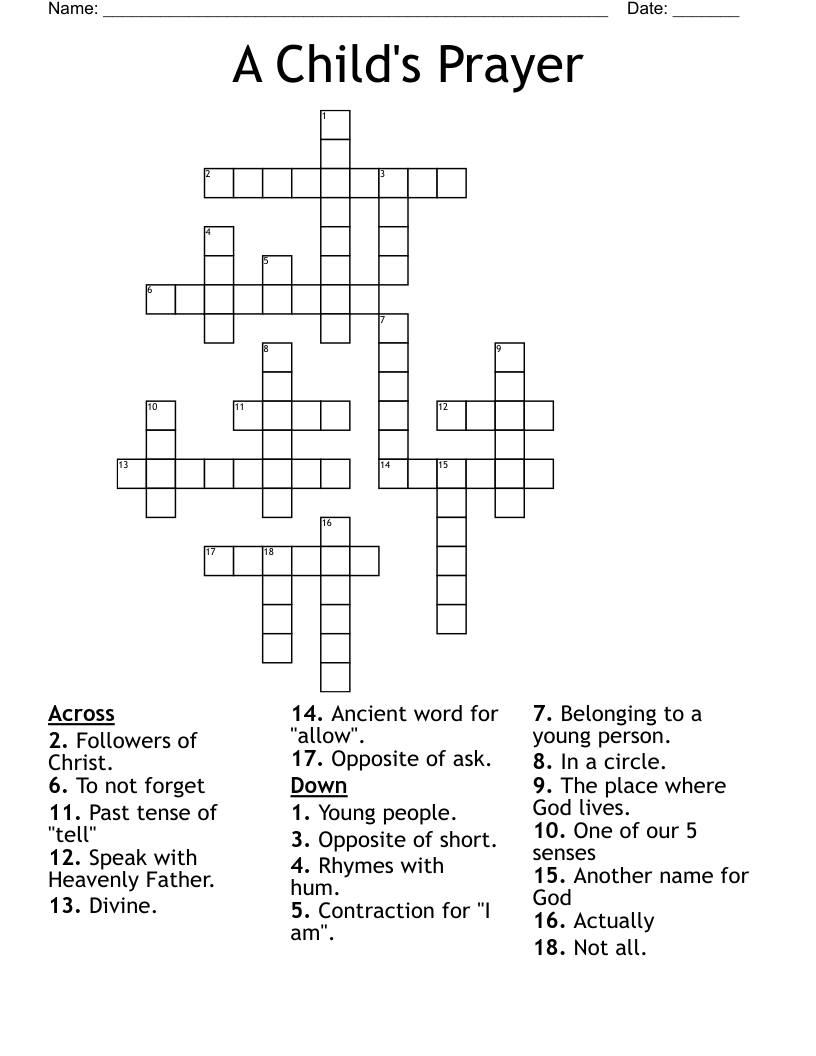A Child's Prayer Crossword