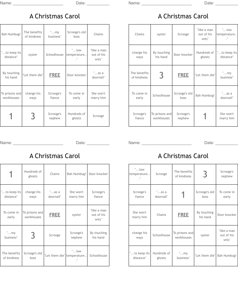 A Christmas Carol Bingo Cards