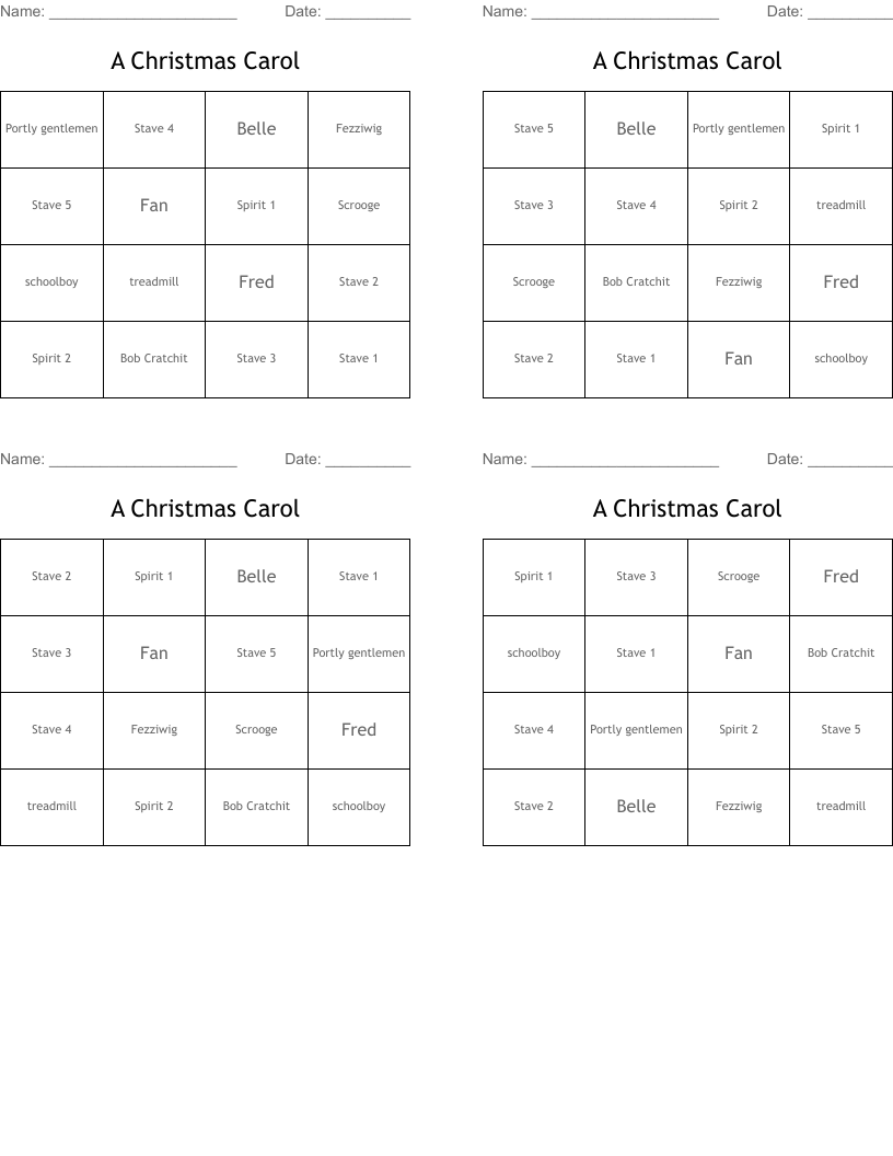 A Christmas Carol Bingo Cards