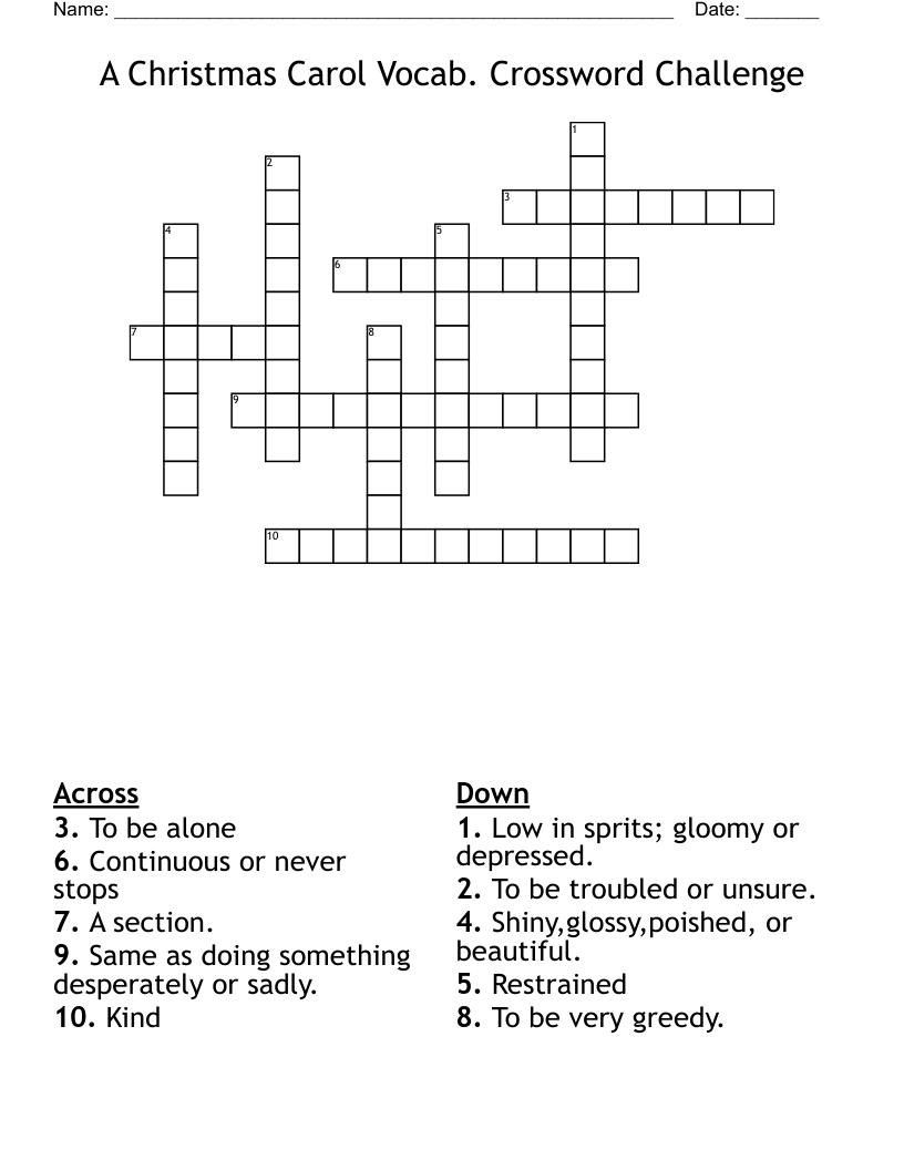 A Christmas Carol Vocab. Crossword Challenge 